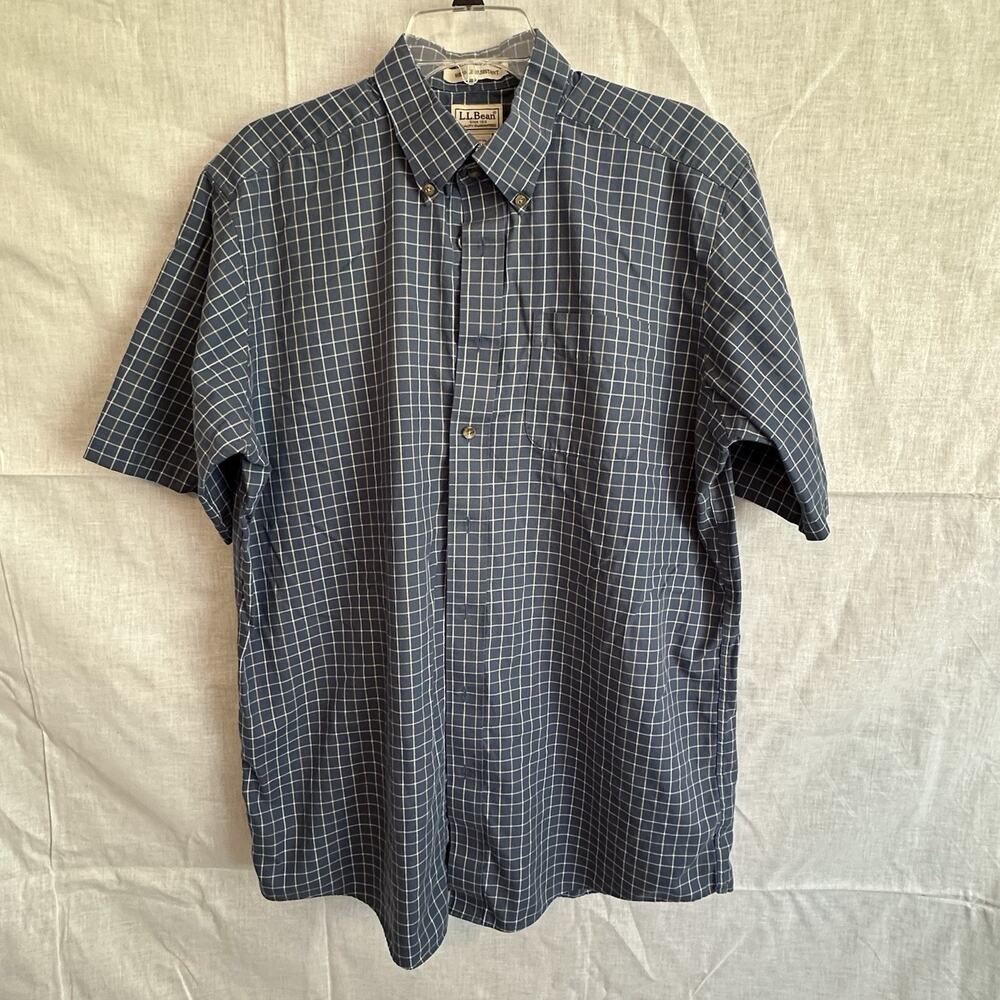 L.L.Bean SS Button Down Shirt Large Tall Blue Plaid Wrinkle Resistant Excellent